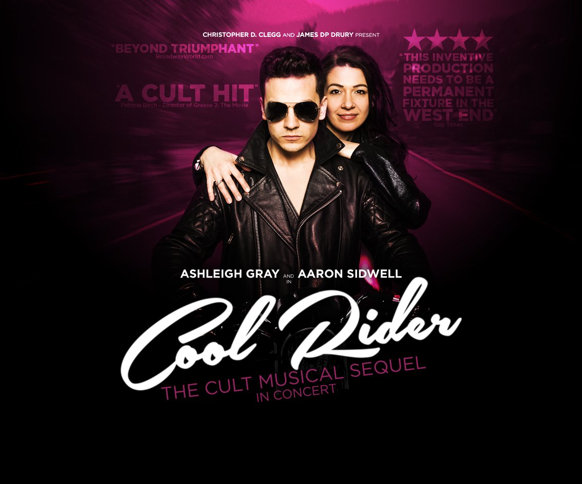 Cool Rider poster for the 2014 Duchess Theatre run, with Aaron Sidwell and Ashleigh Gray in black leather jackets