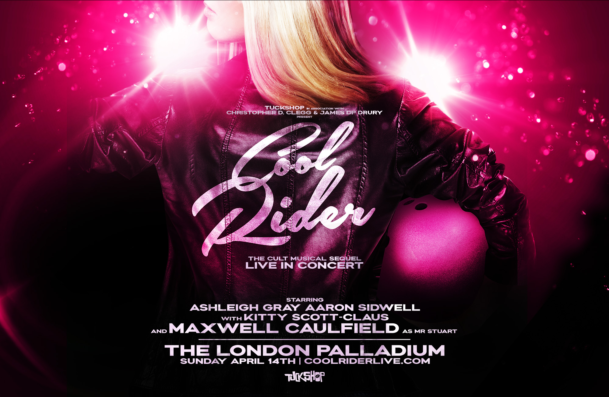Cool Rider Live in Concert poster: a pink-lit leather jacket and bowling ball, billing Ashleigh Gray, Aaron Sidwell, Kitty Scott-Claus and Maxwell Caulfield at the London Palladium